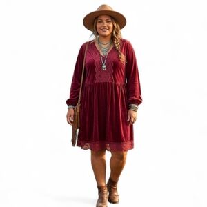 Boho Witchy Burnt Orange Velvet Lace Dress 4XL – Flowy Plus Size Mystic Vibes
